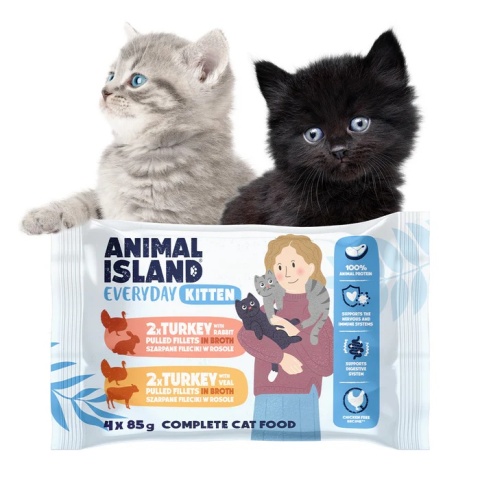 Animal Island Saszetki dla kociąt - Indyk z Cielęciną i Indyk z Królikiem 4x85g
