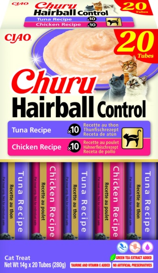 INABA CHURU Box HAIRBALL Kremowe przysmaki odkłaczające dla kotów tuńczyk i kurczak 20x14g (280g)