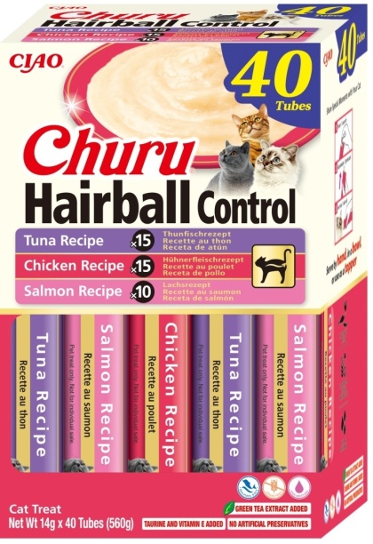 INABA CHURU Box HAIRBALL Kremowe przysmaki odkłaczające dla kotów tuńczyk, kurczak i łosoś 40x14g (560g)