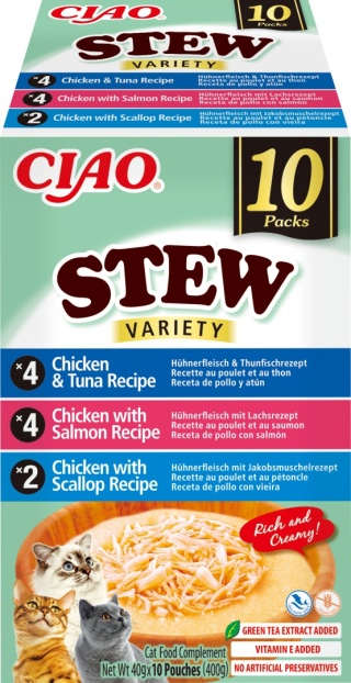 Inaba Ciao Stew Box Kurczak, Tuńczyk, Łosoś i Przegrzebki 10 sztuki- zupka potrawka w sosie dla kota 400g
