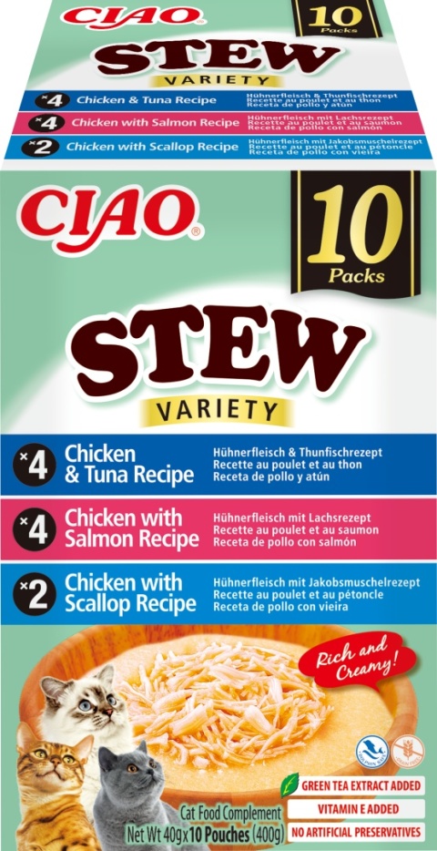 Inaba Ciao Stew Box Kurczak, Tuńczyk, Łosoś i Przegrzebki 10 sztuki- zupka potrawka w sosie dla kota 400g