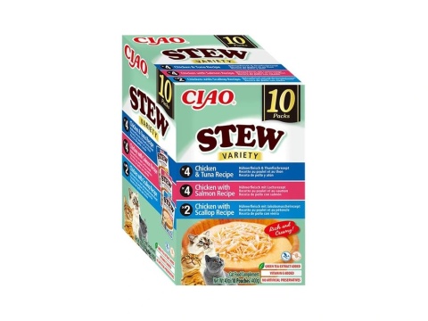 Inaba Ciao Stew Box Kurczak, Tuńczyk, Łosoś i Przegrzebki 10 sztuki- zupka potrawka w sosie dla kota 400g