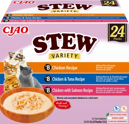 Inaba Ciao Stew Box Kurczak, Łosoś i Tuńczyk 24 sztuki- potrawka w sosie dla kota 960g