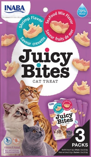INABA JUICY BITES Wilgotne przysmaki dla kota krewetki z owocami morza 3x11,3g