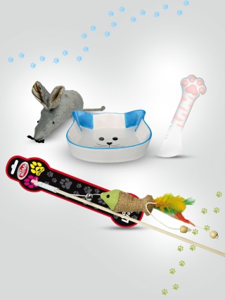 Wyprawka dla kota - Karmy, smaczki, miseczka, wędka ZESTAW
