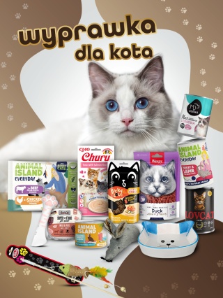 Wyprawka dla kota - Karmy, smaczki, miseczka, wędka ZESTAW