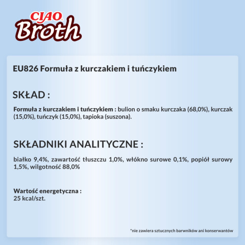 Zestaw Inaba Ciao Broth kurczak z tuńczykiem w rosole - karma uzupełniająca dla kota 12x40g Zestaw Inaba Ciao Broth kurczak z tuńczykiem w rosole - karma uzupełniająca dla kota 12x40g