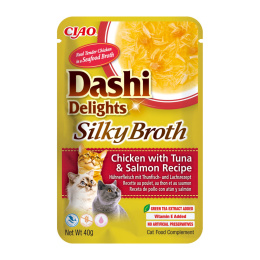 Inaba Dashi Delights Silky Broth kurczak, łosoś i tuńczyk - zupka karma uzupełniająca dla kota w bulionie 40g