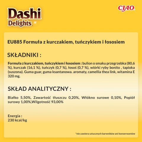 Inaba Dashi Delights Silky Broth kurczak, łosoś i tuńczyk - zupka karma uzupełniająca dla kota w bulionie 40g Inaba Dashi Delights Silky Broth kurczak, łosoś i tuńczyk - zupka karma uzupełniająca dla kota w bulionie 40g
