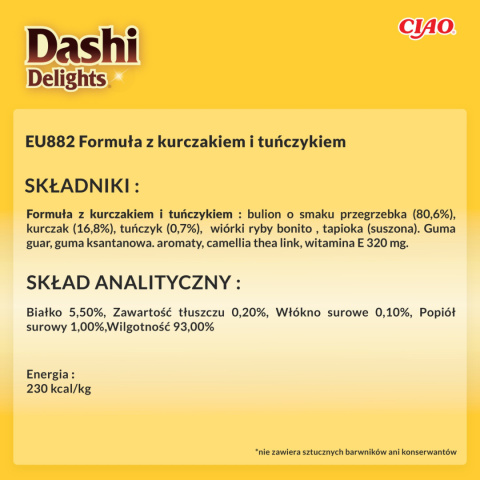 Inaba Dashi Delights Silky Broth kurczak i tuńczyk - zupka karma uzupełniająca dla kota w bulionie 40g Inaba Dashi Delights Silky Broth kurczak i tuńczyk - zupka karma uzupełniająca dla kota w bulionie 40g