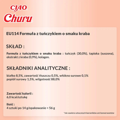 INABA CHURU Kremowe przysmaki dla kotów tuńczyk z krabem 4x14g INABA CHURU Kremowe przysmaki dla kotów tuńczyk z krabem 4x14g
