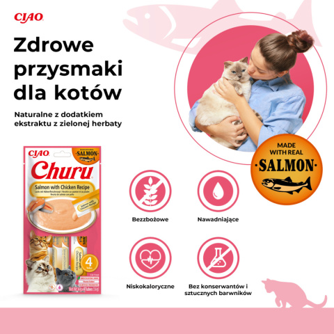INABA CHURU Kremowe przysmaki dla kotów receptura z łososiem i kurczakiem 4x14g INABA CHURU Kremowe przysmaki dla kotów receptura z łososiem i kurczakiem 4x14g