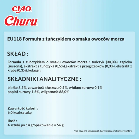 INABA CHURU Kremowe przysmaki dla kotów tuńczyk z owocami morza 4x14g INABA CHURU Kremowe przysmaki dla kotów tuńczyk z owocami morza 4x14g
