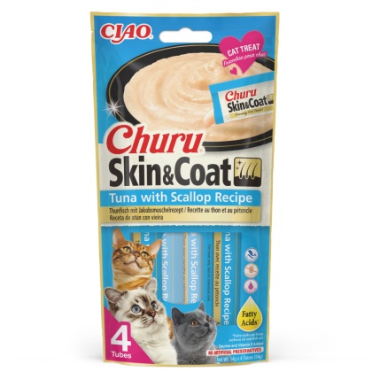 INABA Churu Skin Coat Tuna Scallop - przysmaki piękna sierść i zdrowa skóra tuńczyk z przegrzebkami 4x14g (56g)