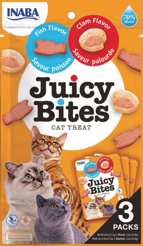 INABA JUICY BITES Wilgotne przysmaki dla kota ryba z małżami 3x11,3g INABA JUICY BITES Wilgotne przysmaki dla kota ryba z małżami 3x11,3g