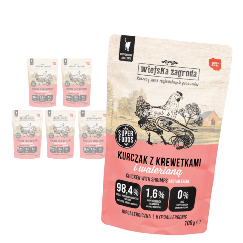 Wiejska Zagroda Zestaw Saszetek - Kurczak z krewetkami i walerianą dla kota 6x100 g Wiejska Zagroda Zestaw Saszetek - Kurczak z krewetkami i walerianą dla kota 6x100 g